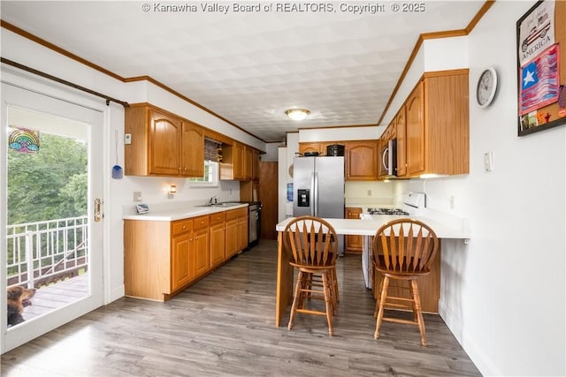 733 Divide Ridge Rd, Given, WV 25245 - kitchen featuring stainless steel appliances, ornamental molding, a peninsula, light countertops, and wood finished floors