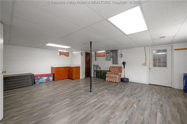 733 Divide Ridge Rd, Given, WV 25245 - finished basement with electric panel, wood finished floors, a paneled ceiling, and concrete block wall