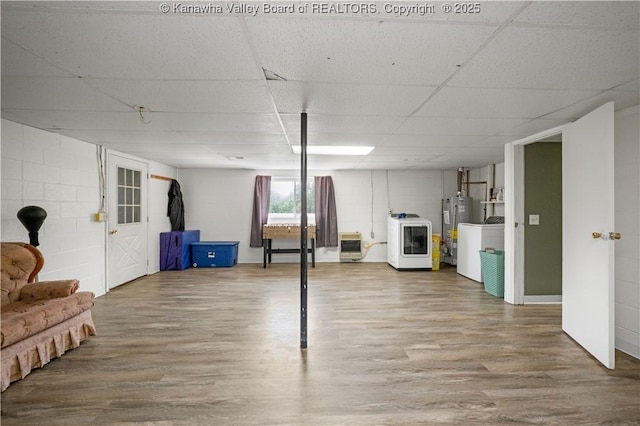 733 Divide Ridge Rd, Given, WV 25245 - basement with washer / clothes dryer, wood finished floors, gas water heater, heating unit, and a paneled ceiling