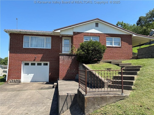 123 2nd St, Burnsville, WV 26335 - view of front of property with an attached garage, brick siding, stairs, and driveway