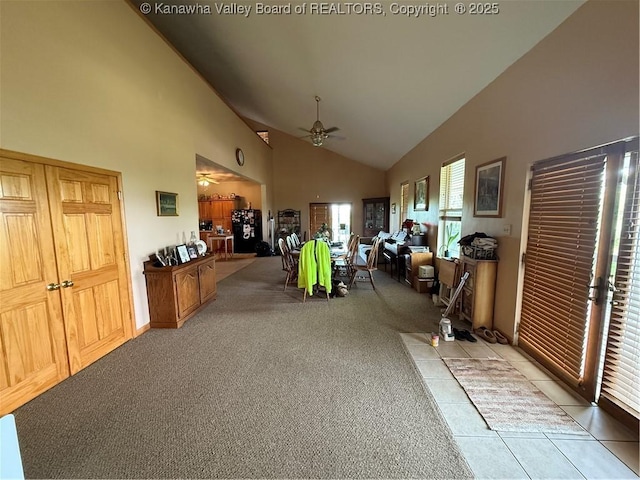 1304 Riffee Ridge Rd, Given, WV 25245 - misc room featuring high vaulted ceiling, ceiling fan, light carpet, and light tile patterned floors