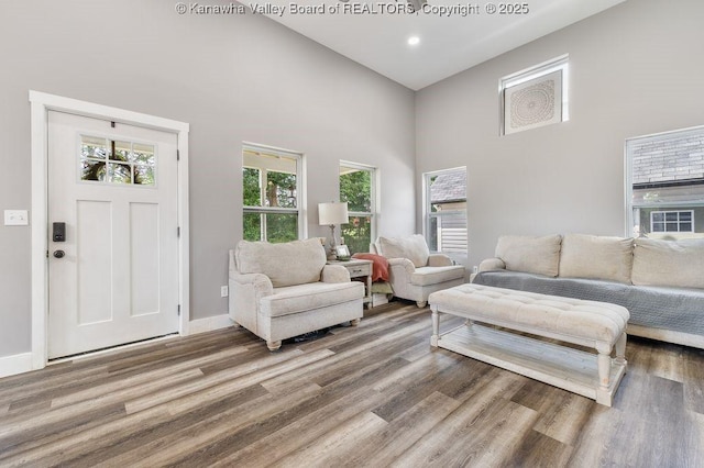 4862 Mont Union Rd, Fraziers Bottom, WV 25082 - living area featuring a towering ceiling, wood finished floors, and recessed lighting