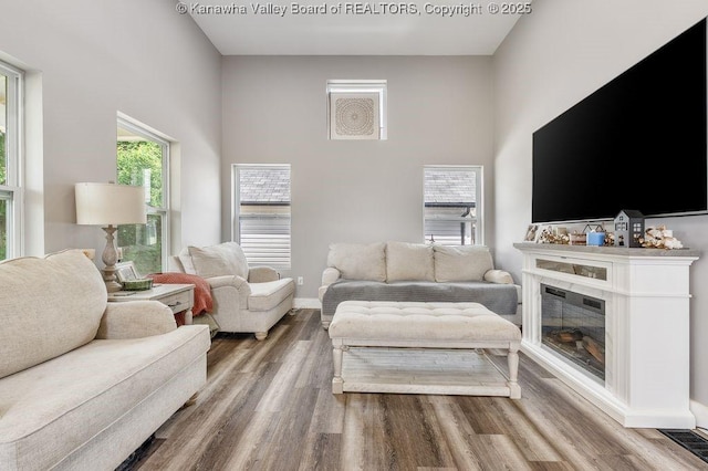 4862 Mont Union Rd, Fraziers Bottom, WV 25082 - living area featuring wood finished floors, a high ceiling, and a glass covered fireplace