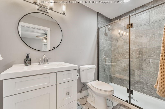 4862 Mont Union Rd, Fraziers Bottom, WV 25082 - bathroom with vanity, a shower stall, a ceiling fan, and tile patterned floors
