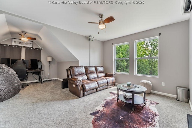 4862 Mont Union Rd, Fraziers Bottom, WV 25082 - carpeted living area featuring a ceiling fan, a desk, and vaulted ceiling