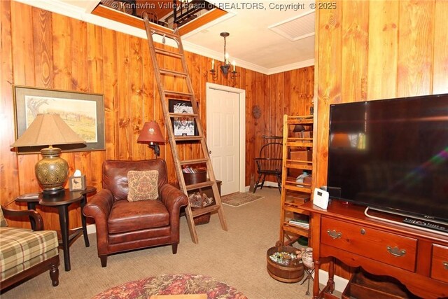 5445 Longview Dr, Cross Lanes, WV 25313 - carpeted living room featuring wood walls and ornamental molding