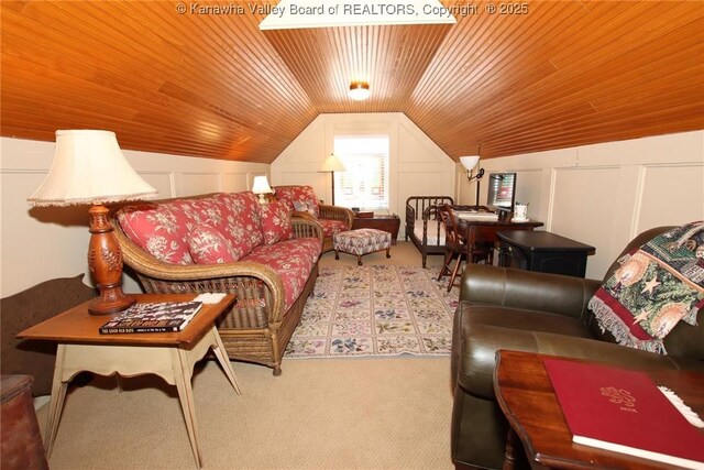 5445 Longview Dr, Cross Lanes, WV 25313 - carpeted living room featuring wood ceiling, vaulted ceiling, and a decorative wall