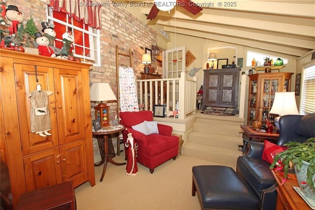 5445 Longview Dr, Cross Lanes, WV 25313 - living area featuring carpet flooring, ceiling fan, and brick wall