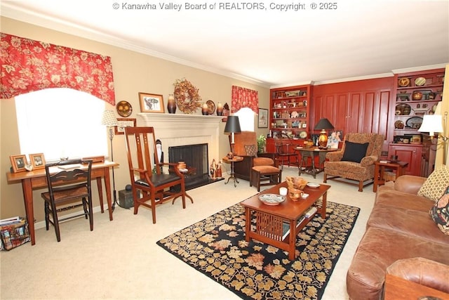 5445 Longview Dr, Cross Lanes, WV 25313 - living room with ornamental molding, carpet, and a fireplace