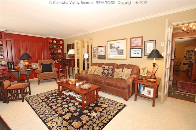 5445 Longview Dr, Cross Lanes, WV 25313 - living area featuring carpet floors, crown molding, and a chandelier