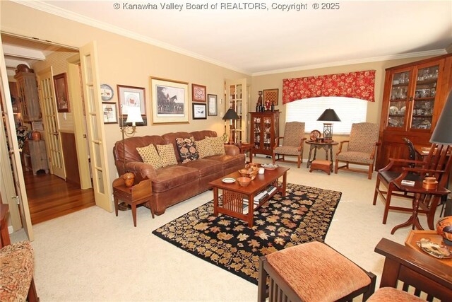 5445 Longview Dr, Cross Lanes, WV 25313 - living area with ornamental molding, light carpet, and decorative columns