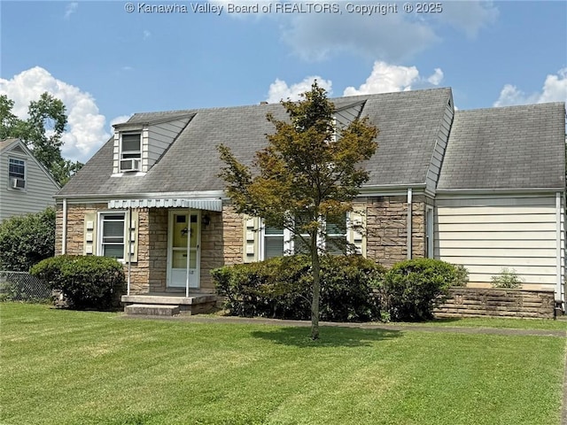 4312 Lancaster Ave, Charleston, WV 25304 - view of front of home with stone siding, a front yard, a shingled roof, and cooling unit