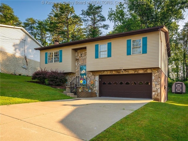 150 Timberlake Cir, Scott Depot, WV 25560 - raised ranch with stone siding, a garage, concrete driveway, and a front lawn