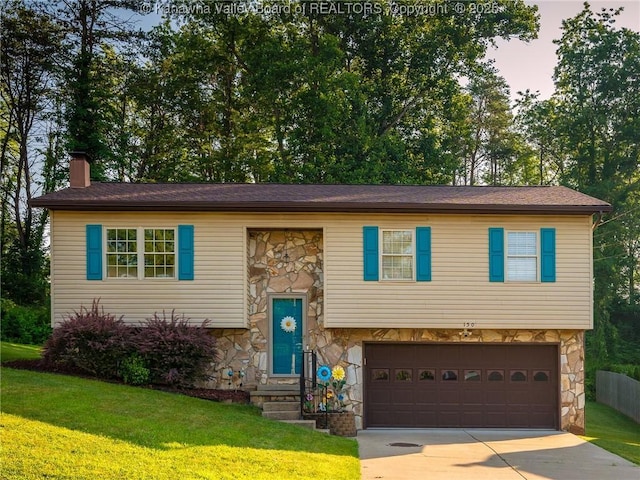 150 Timberlake Cir, Scott Depot, WV 25560 - bi-level home featuring stone siding, driveway, an attached garage, and a chimney