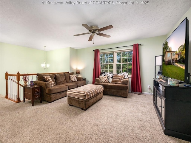 150 Timberlake Cir, Scott Depot, WV 25560 - living area with light carpet, a chandelier, ceiling fan, and a textured ceiling