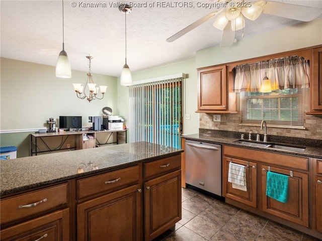 150 Timberlake Cir, Scott Depot, WV 25560 - kitchen featuring stainless steel dishwasher, decorative backsplash, brown cabinetry, a textured ceiling, and a ceiling fan