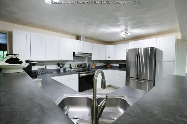 442 Porter Rd, Charleston, WV 25314 - kitchen with appliances with stainless steel finishes, under cabinet range hood, white cabinetry, and tasteful backsplash