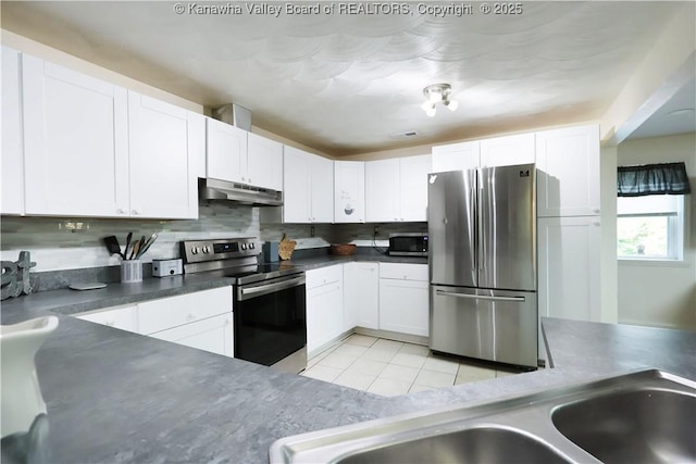 442 Porter Rd, Charleston, WV 25314 - kitchen with appliances with stainless steel finishes, under cabinet range hood, white cabinets, and light tile patterned floors