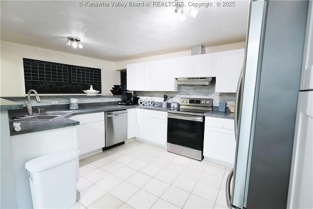 442 Porter Rd, Charleston, WV 25314 - kitchen featuring appliances with stainless steel finishes, under cabinet range hood, white cabinetry, and decorative backsplash