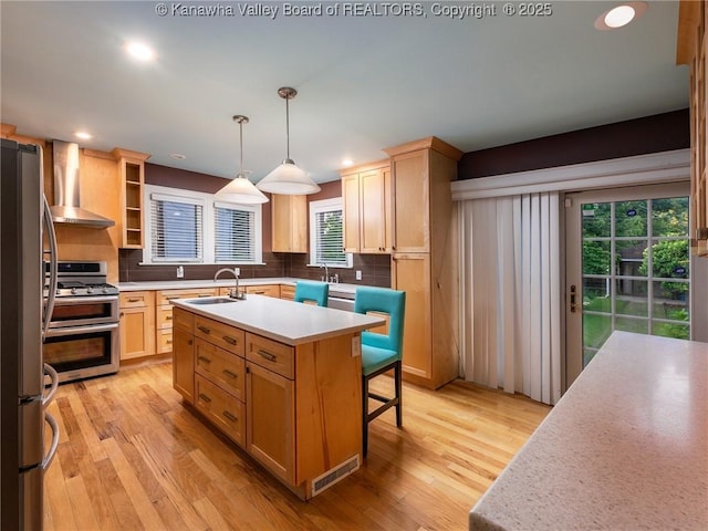 623 11th Ave, Huntington, WV 25701 - kitchen with wall chimney range hood, stainless steel appliances, light wood-style flooring, a center island with sink, and light countertops