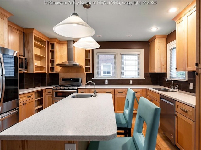 623 11th Ave, Huntington, WV 25701 - kitchen with wall chimney exhaust hood, stainless steel appliances, open shelves, a kitchen island with sink, and tasteful backsplash