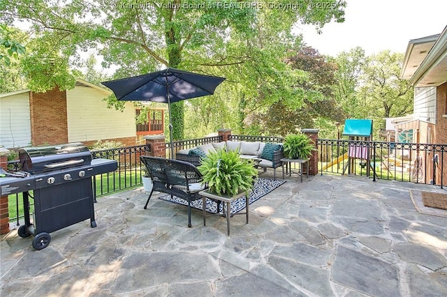 1501 Brentwood Rd, Charleston, WV 25314 - view of patio / terrace with grilling area, a playground, and outdoor lounge area
