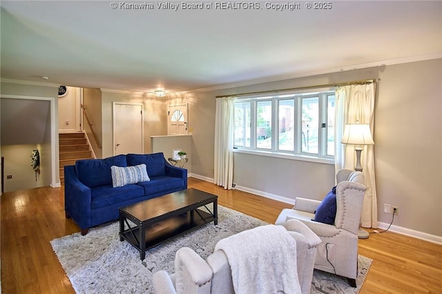 1501 Brentwood Rd, Charleston, WV 25314 - living room featuring stairway, wood finished floors, and ornamental molding