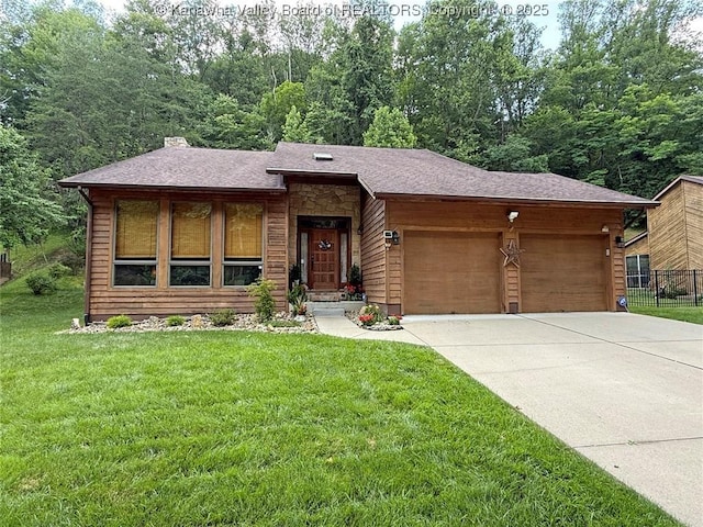 119 Falls Run Rd, Charleston, WV 25311 - view of front of house with a garage, driveway, a shingled roof, stone siding, and a chimney