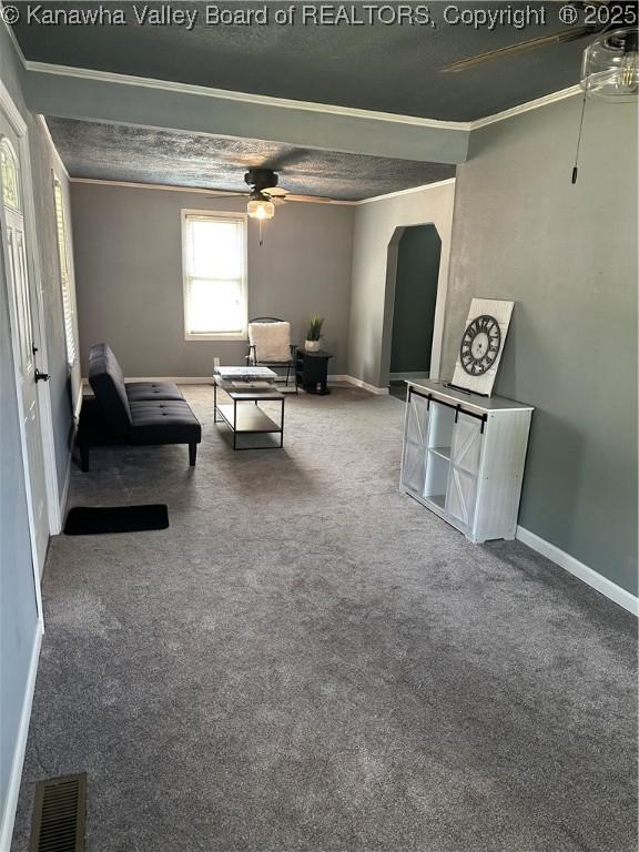 1110 Benamati Ave, Nitro, WV 25143 - carpeted living area with a ceiling fan, ornamental molding, and arched walkways