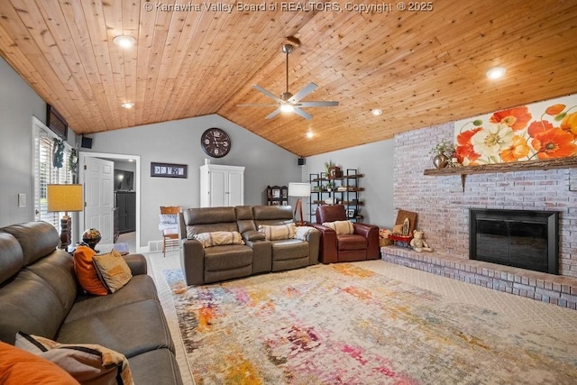 128 Westland Ests, Winfield, WV 25213 - carpeted living room with vaulted ceiling, ceiling fan, wooden ceiling, and a fireplace
