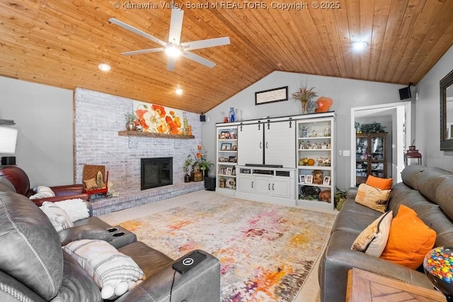 128 Westland Ests, Winfield, WV 25213 - living area featuring lofted ceiling, wood ceiling, ceiling fan, a fireplace, and carpet