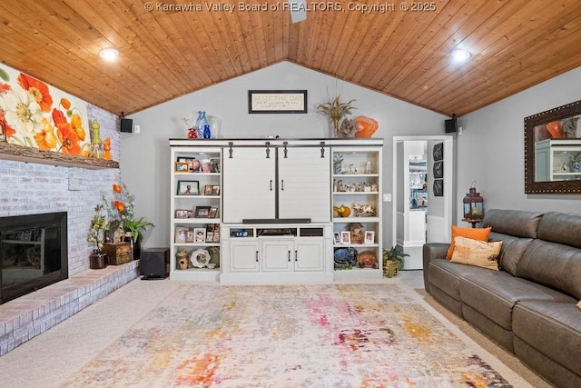 128 Westland Ests, Winfield, WV 25213 - living room featuring carpet floors, lofted ceiling, wooden ceiling, a fireplace, and recessed lighting
