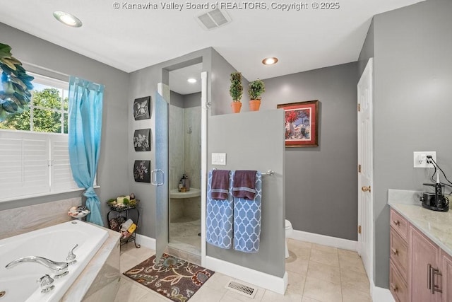 128 Westland Ests, Winfield, WV 25213 - bathroom featuring a stall shower, a bath, vanity, recessed lighting, and tile patterned floors