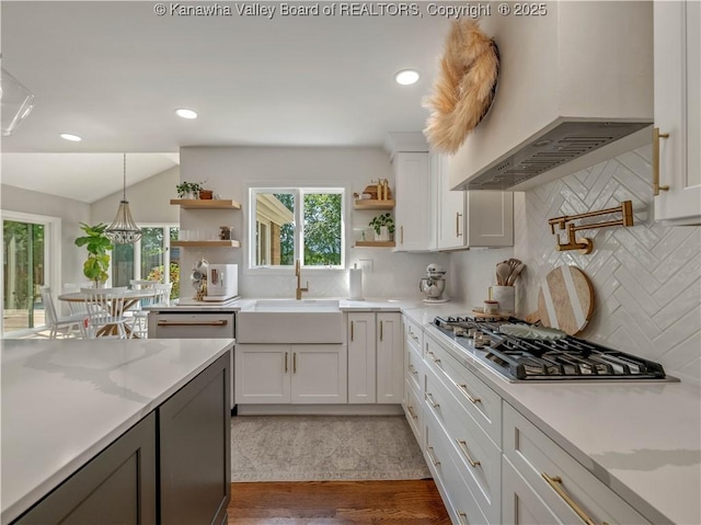52 Cedar Dr, Hurricane, WV 25526 - kitchen featuring stainless steel gas stovetop, open shelves, premium range hood, light countertops, and recessed lighting
