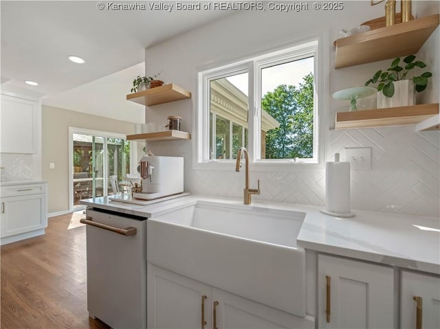 52 Cedar Dr, Hurricane, WV 25526 - kitchen with open shelves, dishwashing machine, decorative backsplash, white cabinets, and recessed lighting