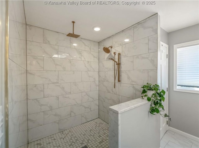 52 Cedar Dr, Hurricane, WV 25526 - bathroom with marble finish floors, a walk in shower, and recessed lighting