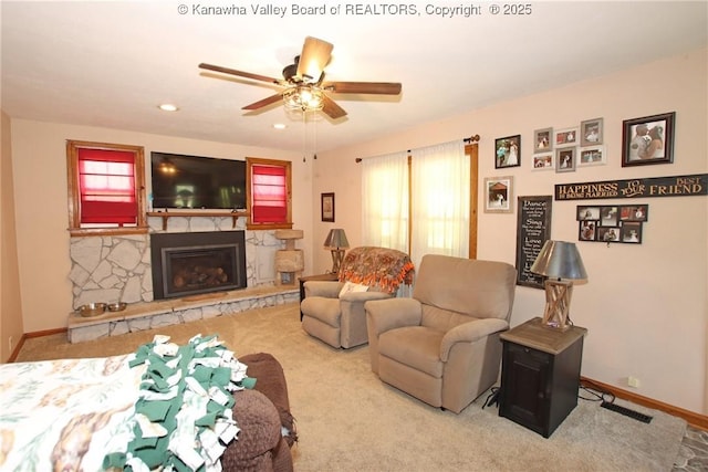 1255 Johns Creek Rd, Milton, WV 25541 - living room with carpet, a fireplace, a ceiling fan, and recessed lighting