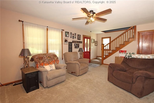 1255 Johns Creek Rd, Milton, WV 25541 - carpeted living area featuring stairs and ceiling fan