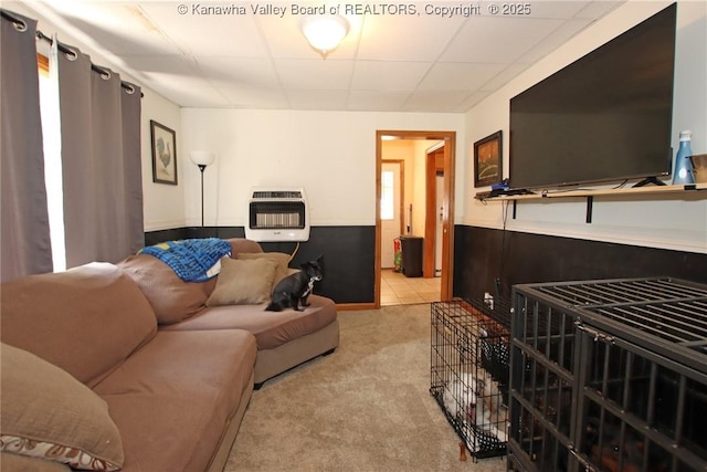 1255 Johns Creek Rd, Milton, WV 25541 - living room featuring heating unit, light colored carpet, and a drop ceiling