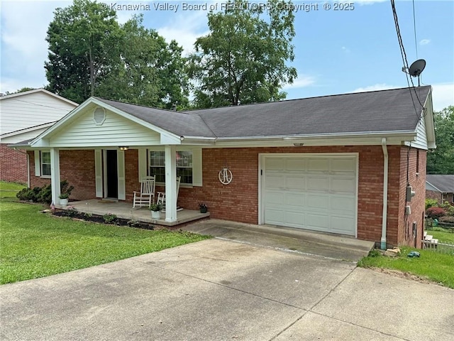 1412 Wilkie Dr, Charleston, WV 25314 - ranch-style house featuring covered porch, brick siding, a garage, and concrete driveway