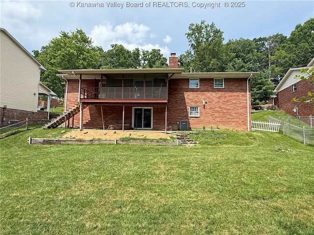 1412 Wilkie Dr, Charleston, WV 25314 - back of house featuring a chimney, brick siding, stairway, and a fenced backyard