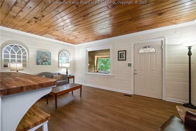 180 Tryphenia Rd, Hurricane, WV 25526 - foyer featuring wood ceiling, ornamental molding, wood finished floors, and wooden walls