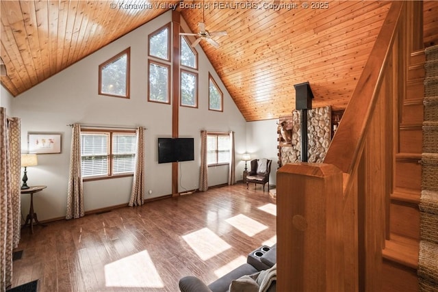 180 Tryphenia Rd, Hurricane, WV 25526 - living room featuring wood ceiling, high vaulted ceiling, wood finished floors, and a ceiling fan