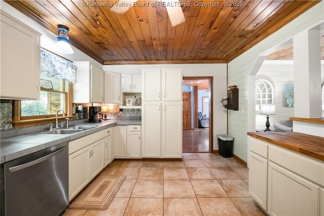 180 Tryphenia Rd, Hurricane, WV 25526 - kitchen with stainless steel dishwasher, white cabinetry, wood ceiling, light tile patterned floors, and crown molding