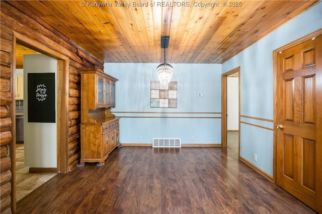180 Tryphenia Rd, Hurricane, WV 25526 - unfurnished dining area with wood ceiling, log walls, dark wood finished floors, and a chandelier