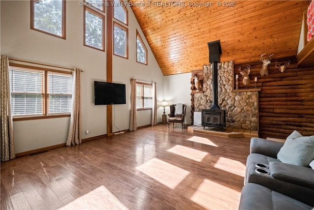 180 Tryphenia Rd, Hurricane, WV 25526 - living area featuring high vaulted ceiling, wooden ceiling, a wood stove, wood finished floors, and log walls