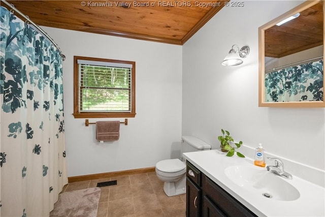 180 Tryphenia Rd, Hurricane, WV 25526 - bathroom featuring wooden ceiling, vanity, tile patterned floors, crown molding, and curtained shower