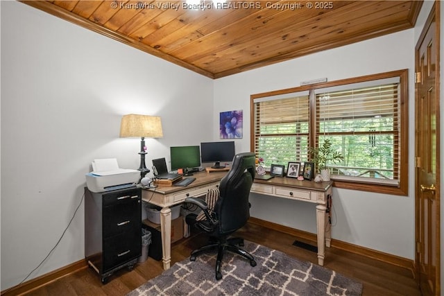 180 Tryphenia Rd, Hurricane, WV 25526 - office space with crown molding, dark wood finished floors, and wood ceiling
