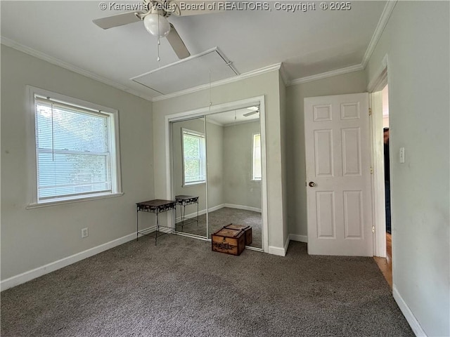 1206 Central Ave, Saint Albans, WV 25177 - unfurnished bedroom with attic access, crown molding, carpet, a closet, and ceiling fan