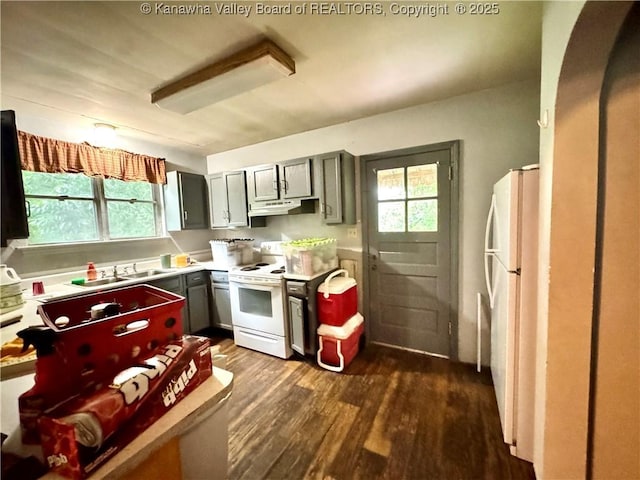 17739 US Route 60, Culloden, WV 25510 - kitchen with under cabinet range hood, white appliances, dark wood-style floors, gray cabinetry, and light countertops